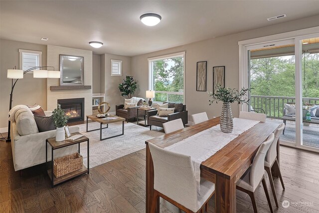 dining room featuring a fireplace, dark hardwood / wood-style floors, and plenty of natural light