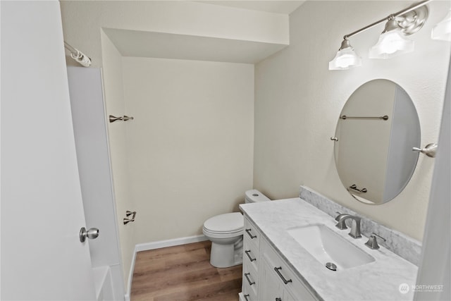 bathroom with wood-type flooring, vanity, and toilet