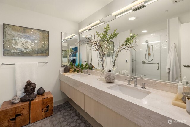 bathroom with vanity and a shower with shower door