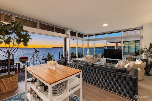 living room with a water view, hardwood / wood-style floors, and expansive windows