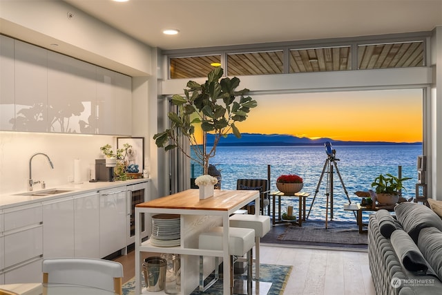 interior space with a water view and sink