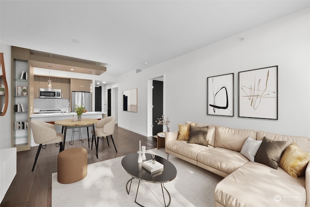 living room featuring dark wood-type flooring