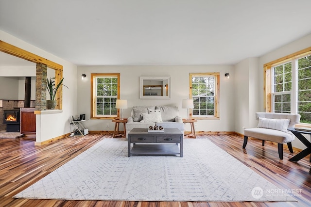 living room featuring a wood stove, hardwood / wood-style flooring, and plenty of natural light