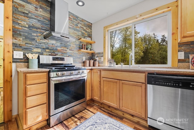 kitchen with sink, wall chimney exhaust hood, appliances with stainless steel finishes, light wood-type flooring, and decorative backsplash