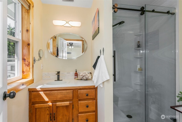 bathroom featuring vanity and a shower with door