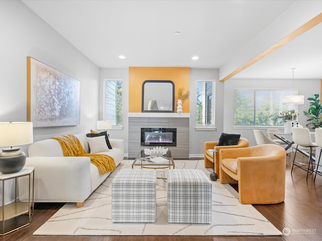 living room with a tile fireplace, wood-type flooring, and a wealth of natural light