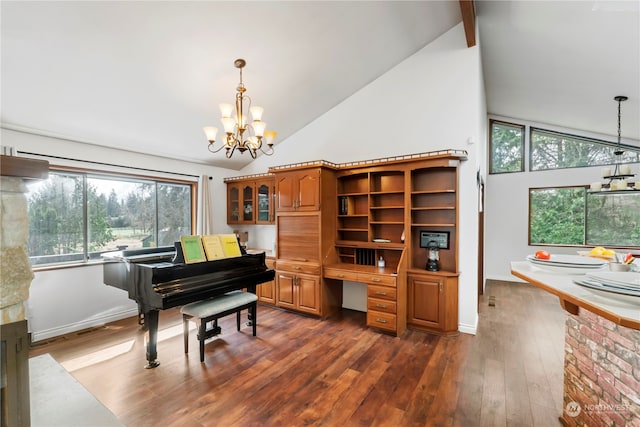 miscellaneous room with an inviting chandelier, dark hardwood / wood-style floors, beam ceiling, and high vaulted ceiling