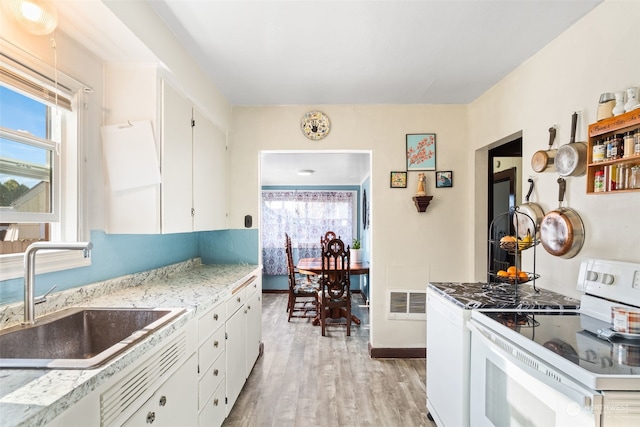 kitchen with white electric range, sink, light hardwood / wood-style flooring, and white cabinets