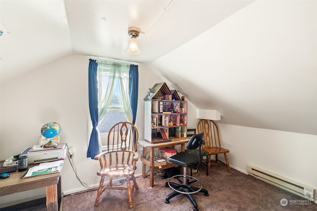 carpeted home office with a baseboard radiator and vaulted ceiling