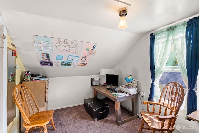 carpeted office space with lofted ceiling