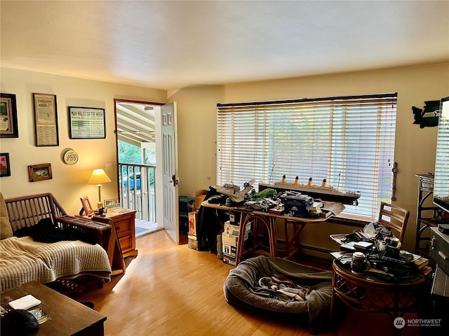 interior space with access to outside and wood finished floors