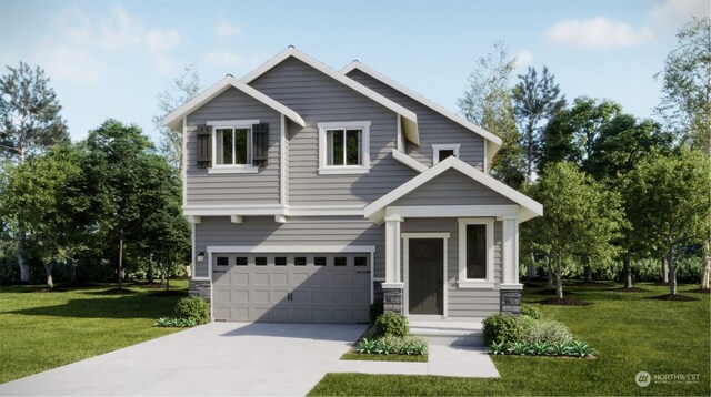 211 179th St SE, Bothell, WA 98021 - view of front of home with a garage, concrete driveway, a front yard, and stone siding