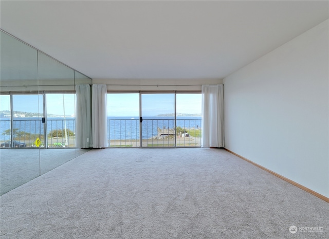 unfurnished room with carpet and a water view