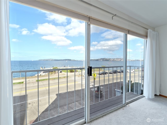 interior space with carpet flooring and a water view