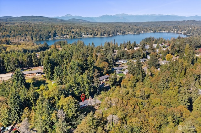 drone / aerial view featuring a water and mountain view