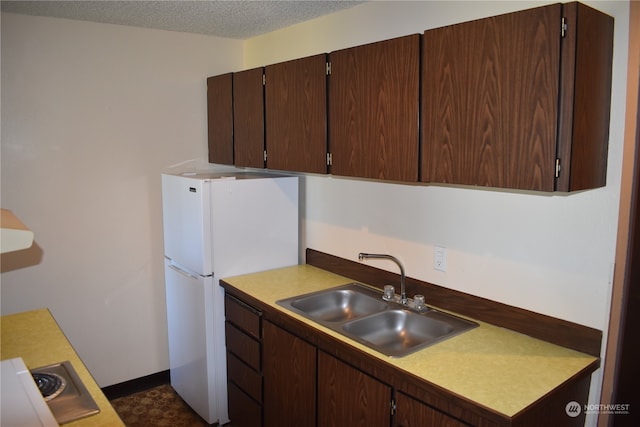 kitchen with dark brown cabinets, a textured ceiling, sink, and white fridge