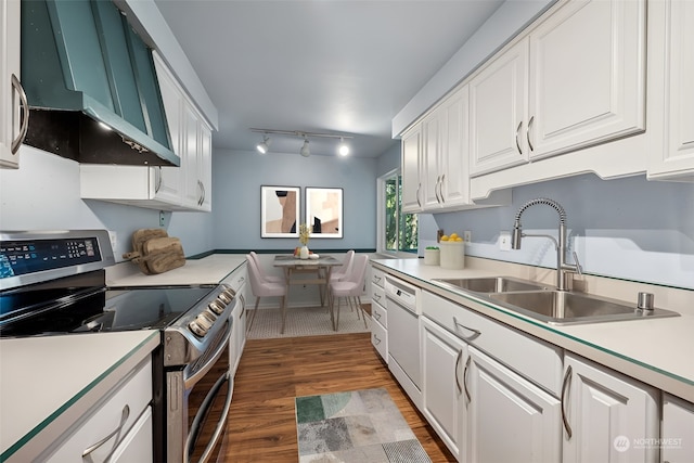 kitchen featuring dishwasher, stainless steel range oven, dark hardwood / wood-style floors, white cabinets, and wall chimney exhaust hood