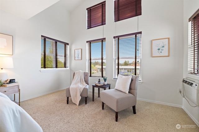 sitting room featuring light carpet and a high ceiling