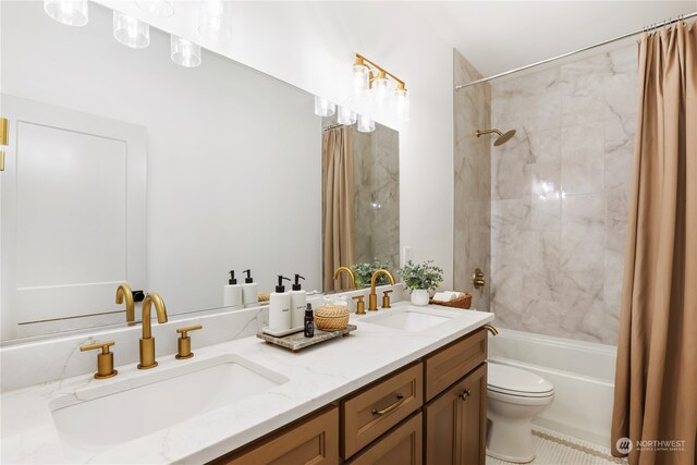 full bathroom with vanity, tile patterned flooring, toilet, and shower / bath combo