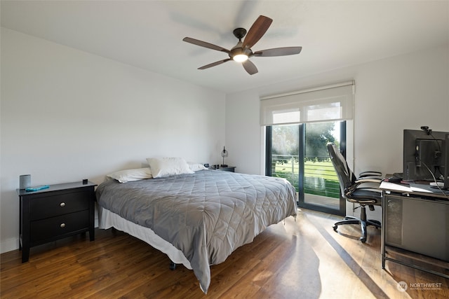 bedroom featuring ceiling fan, access to outside, and dark hardwood / wood-style flooring