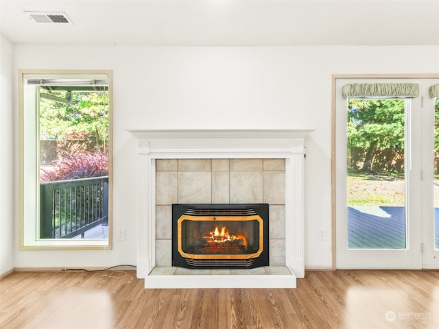 room details with hardwood / wood-style flooring and a fireplace