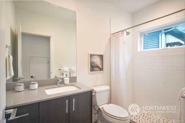 bathroom with vanity, curtained shower, and toilet