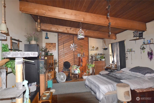 bedroom featuring wooden ceiling and beam ceiling