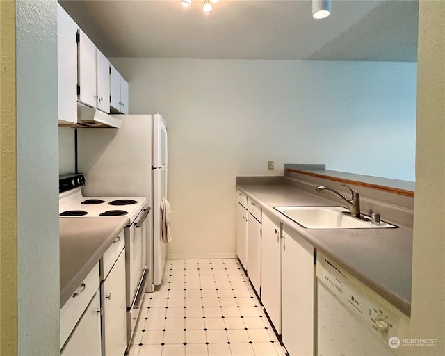 kitchen featuring white cabinets, sink, and white appliances