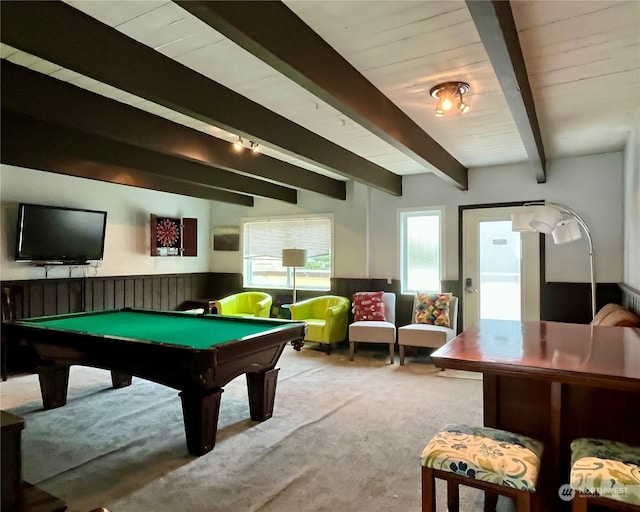 game room featuring beamed ceiling, billiards, wooden ceiling, and light colored carpet