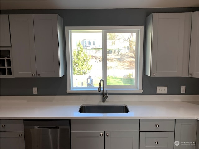 kitchen featuring white cabinets, sink, and stainless steel dishwasher