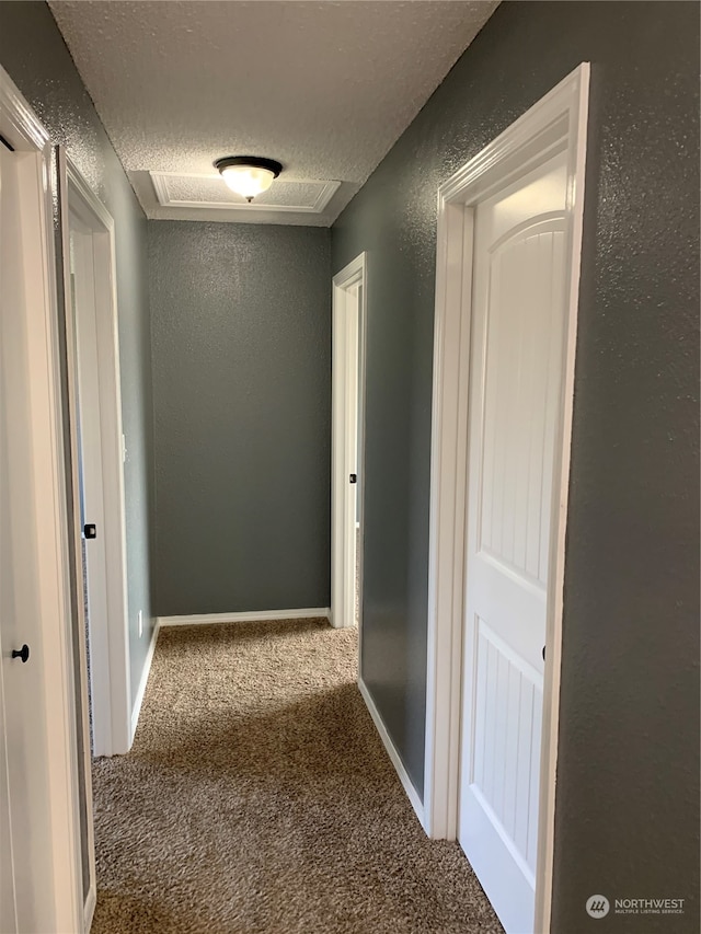 hall with a textured ceiling and carpet flooring