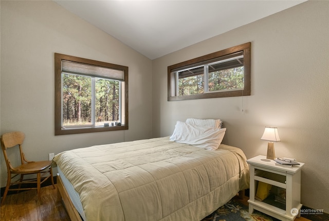 bedroom featuring vaulted ceiling and dark wood-type flooring