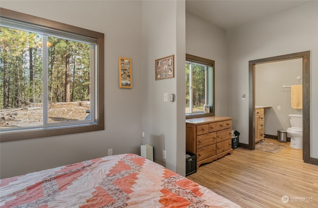 bedroom with ensuite bathroom, light hardwood / wood-style floors, and multiple windows