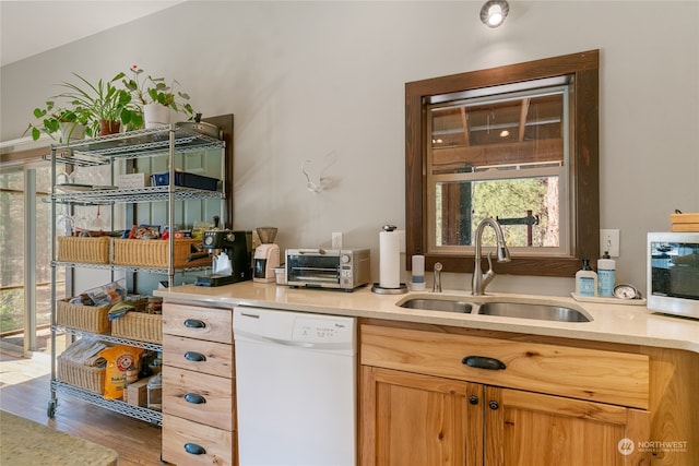 kitchen featuring wood-type flooring, white dishwasher, and sink