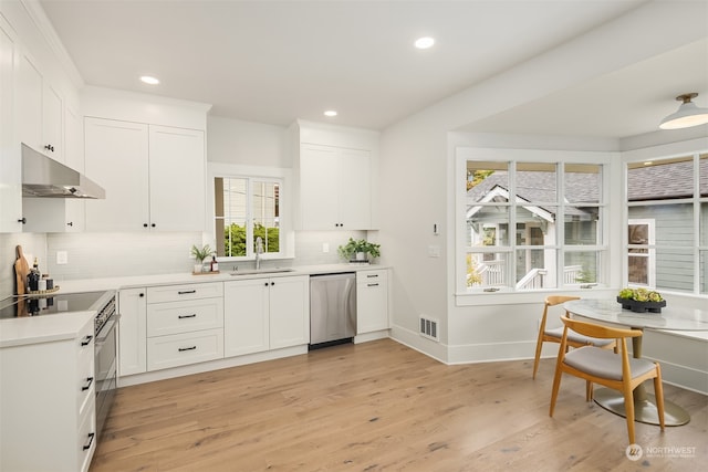 kitchen featuring white cabinets, stainless steel appliances, and light hardwood / wood-style flooring