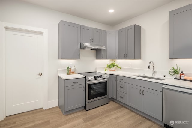 kitchen with gray cabinets, light hardwood / wood-style floors, appliances with stainless steel finishes, and sink