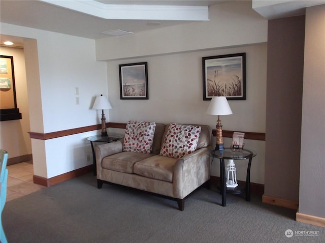 living room with baseboards, carpet flooring, and recessed lighting