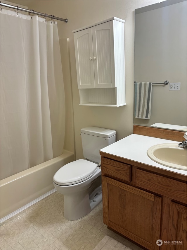 full bathroom with shower / bathtub combination with curtain, vanity, and toilet