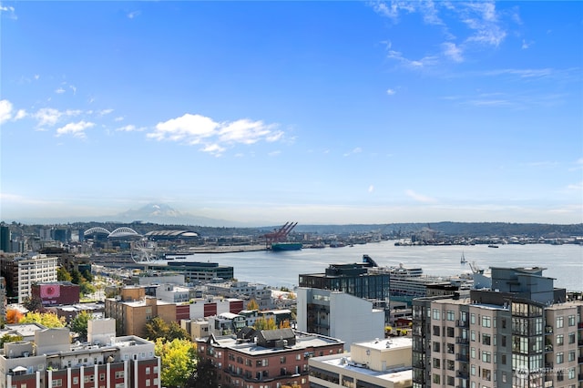 property's view of city featuring a water view