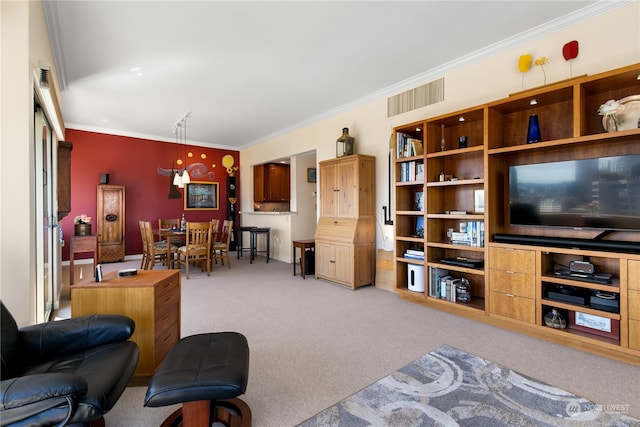 living room with carpet floors and ornamental molding