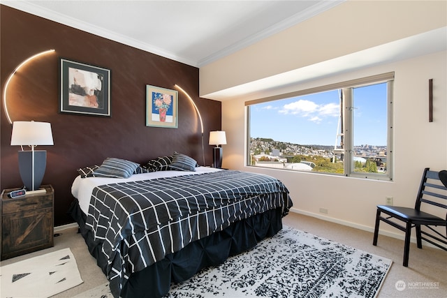 bedroom featuring crown molding and carpet flooring