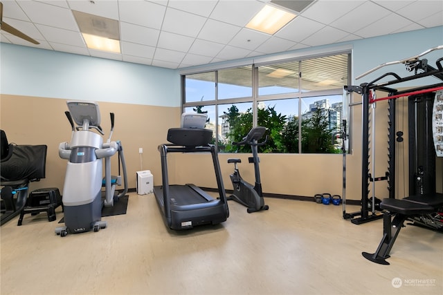 exercise room featuring a wall of windows, wood-type flooring, and a paneled ceiling