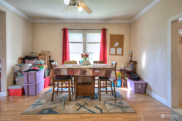 dining area with light hardwood / wood-style flooring, ceiling fan, and crown molding