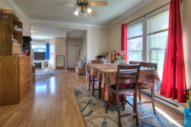 dining area with ceiling fan, ornamental molding, light hardwood / wood-style floors, and a wealth of natural light