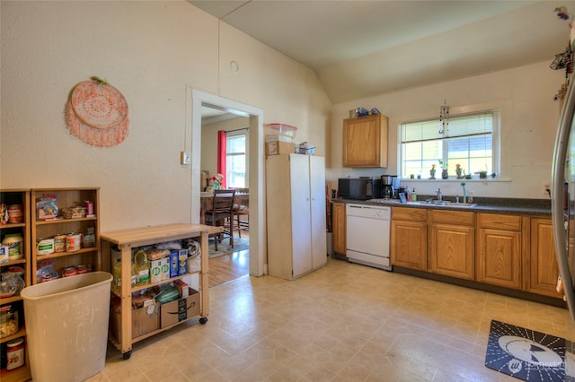 kitchen featuring a healthy amount of sunlight, vaulted ceiling, dishwasher, and sink