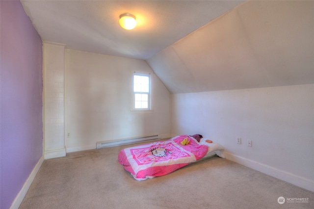 carpeted bedroom featuring lofted ceiling and baseboard heating