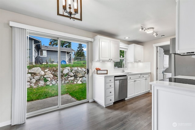 kitchen with white cabinets, dishwasher, dark wood-type flooring, and sink