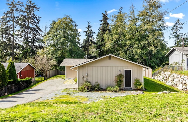 view of outbuilding with a yard