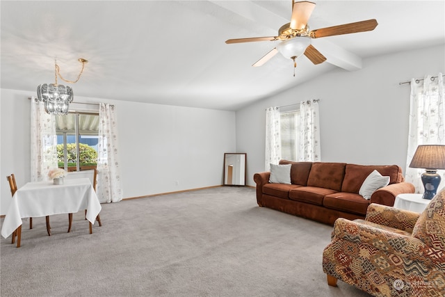 living room with ceiling fan with notable chandelier, vaulted ceiling with beams, light colored carpet, and a healthy amount of sunlight