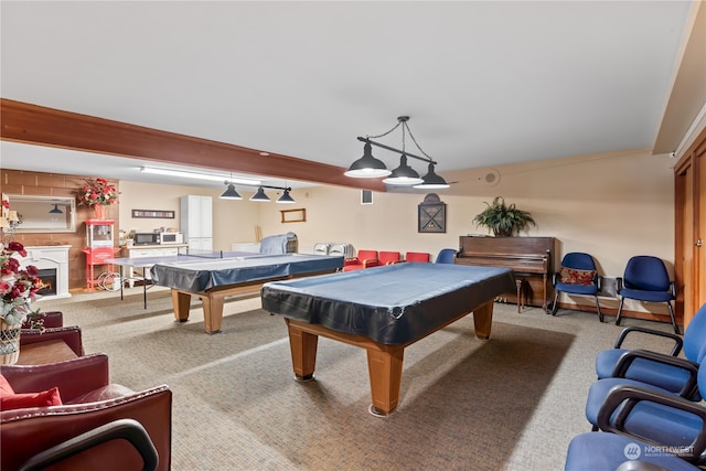 recreation room featuring light carpet and billiards